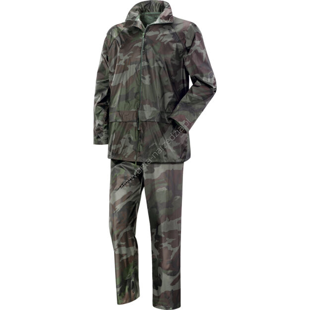 Komplet przeciwdeszczowy: kurtka i spodnie, pokryte wewnątrz PVC, kolor: zielony kamuflaż 461018/M