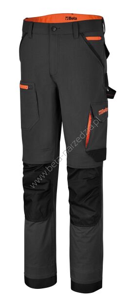 Spodnie robocze elastyczne, szare z pomarańczowymi wstawkami 260 g/m?, wykonane z tkaniny 90% nylonu, 10% spandex  BETA 7650/L