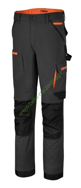 Spodnie robocze elastyczne, szare z pomarańczowymi wstawkami 260 g/m?, wykonane z tkaniny 90% nylonu, 10% spandex  BETA 7650/S